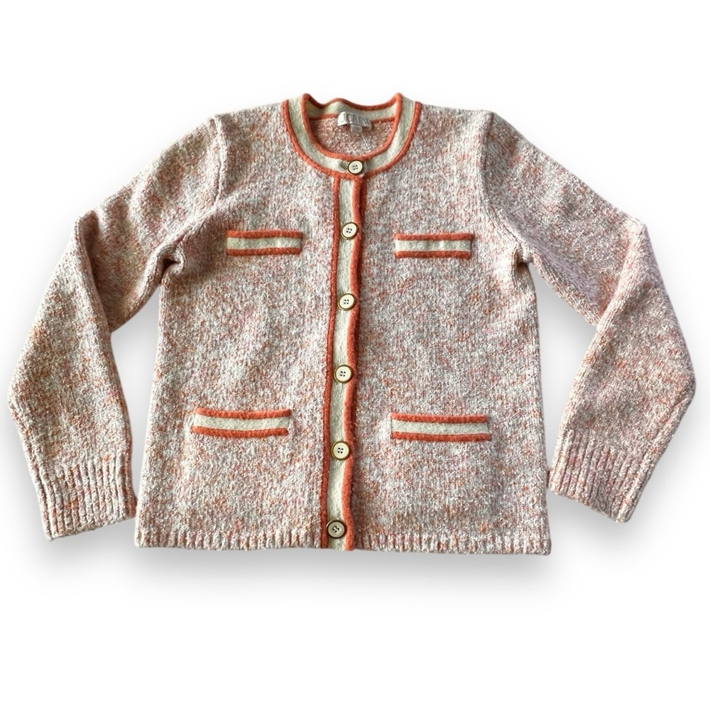J. Crew Pink Bouclé Cardigan with Cream & Peach Trim - Picture 2 of 10
